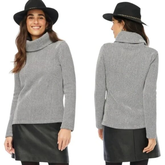 J. Crew NWT Fleece Lined Funnelneck Herringbone Black Ivory Pullover Sweater - Picture 2 of 15